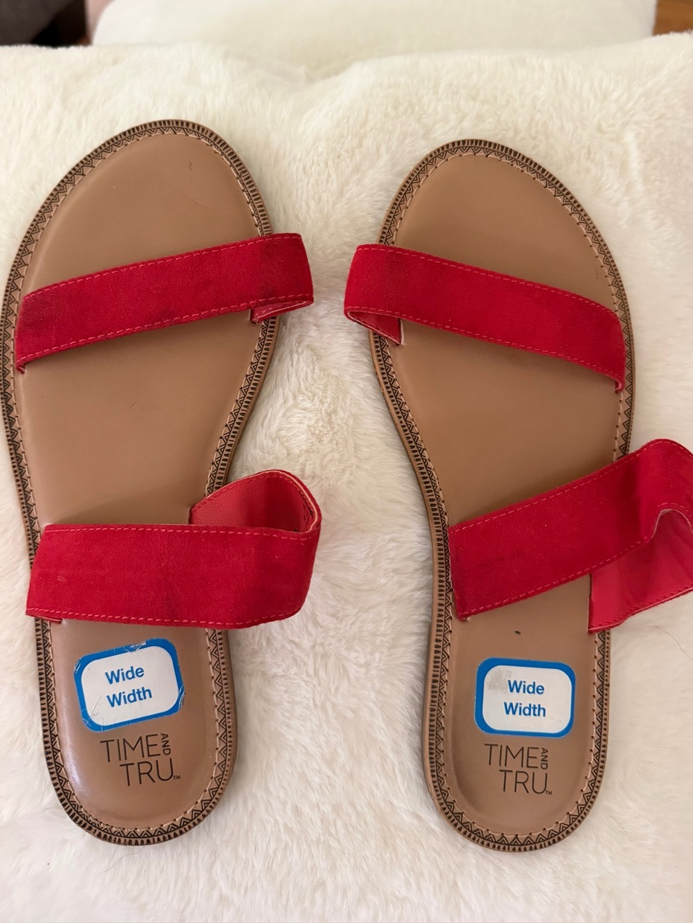 Time and Tru Red Dual-Strap Wide Slide Sandals